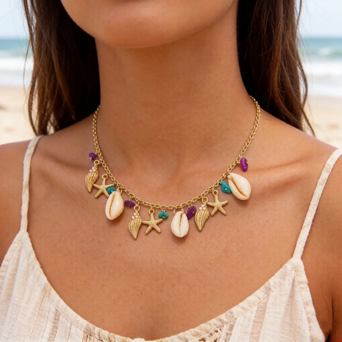 Boho-Halskette mit Muschel-, Seestern- und Schalenanhänger aus zerstoßenen Steinen für Damen und Herren, Ozean-, Strand-, Sommerurlaubsschmuck – Detail 10