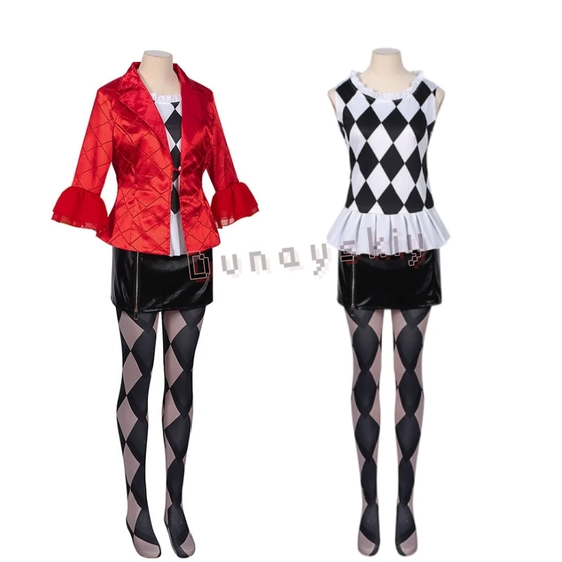 Women Red Black Diamond Clown Cosplay Costume Jacket With Ruffle Sleeve Mini Skirt & Diamond Tights Full Set Halloween Carnival
