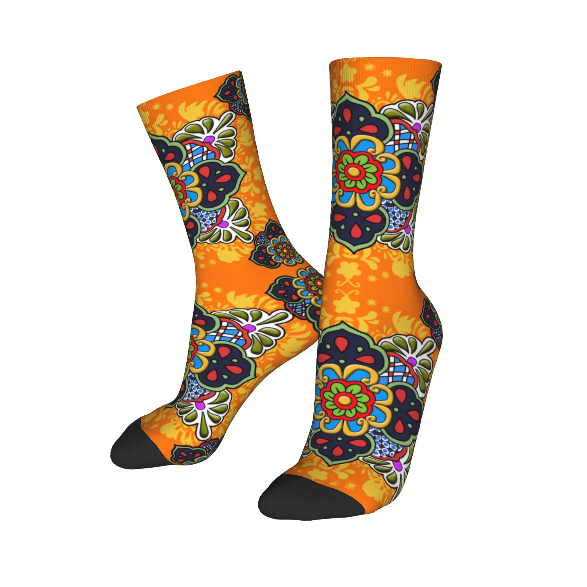 Custom Mexican Talavera Flower Ceramic Tile Men's Crew Socks Unisex Cool  Spring Summer Autumn Winter Dress Socks view 3