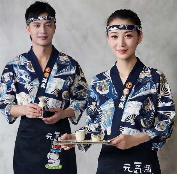 Japanese Chef Uniform Kimono Spring Work Sushi Tops Restaurant Men Cuisine Shirt Fan Print Vintage Cooking