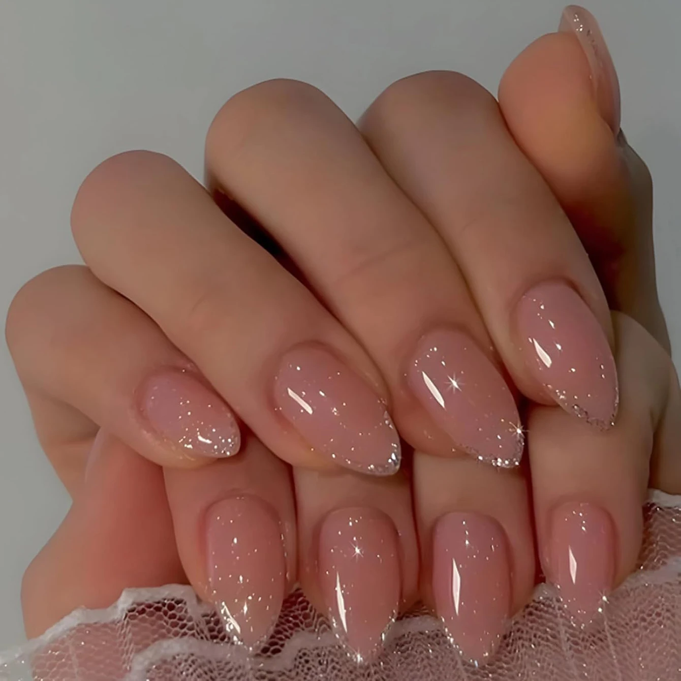 Faux ongles en forme d'amande, 24 pièces, avec scintillant argenté, Design pointu français, en acrylique dégradé rose, entièrement couvert, Y2k