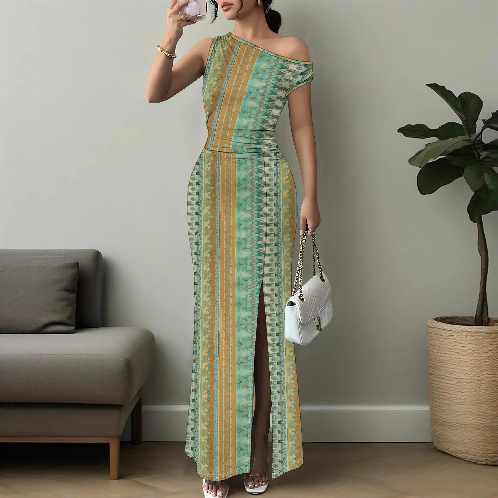 

Womens African Style Bodycon Maxi Dress Tribal Pattern Off Shoulder Sexy Split Hem Evening Party Dress Plus Size XS-3XL