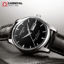 Carnaval nova moda casual men relógios mecânicos à prova dwaterproof água luminosa calendário semana dial couro automático relogio masculino