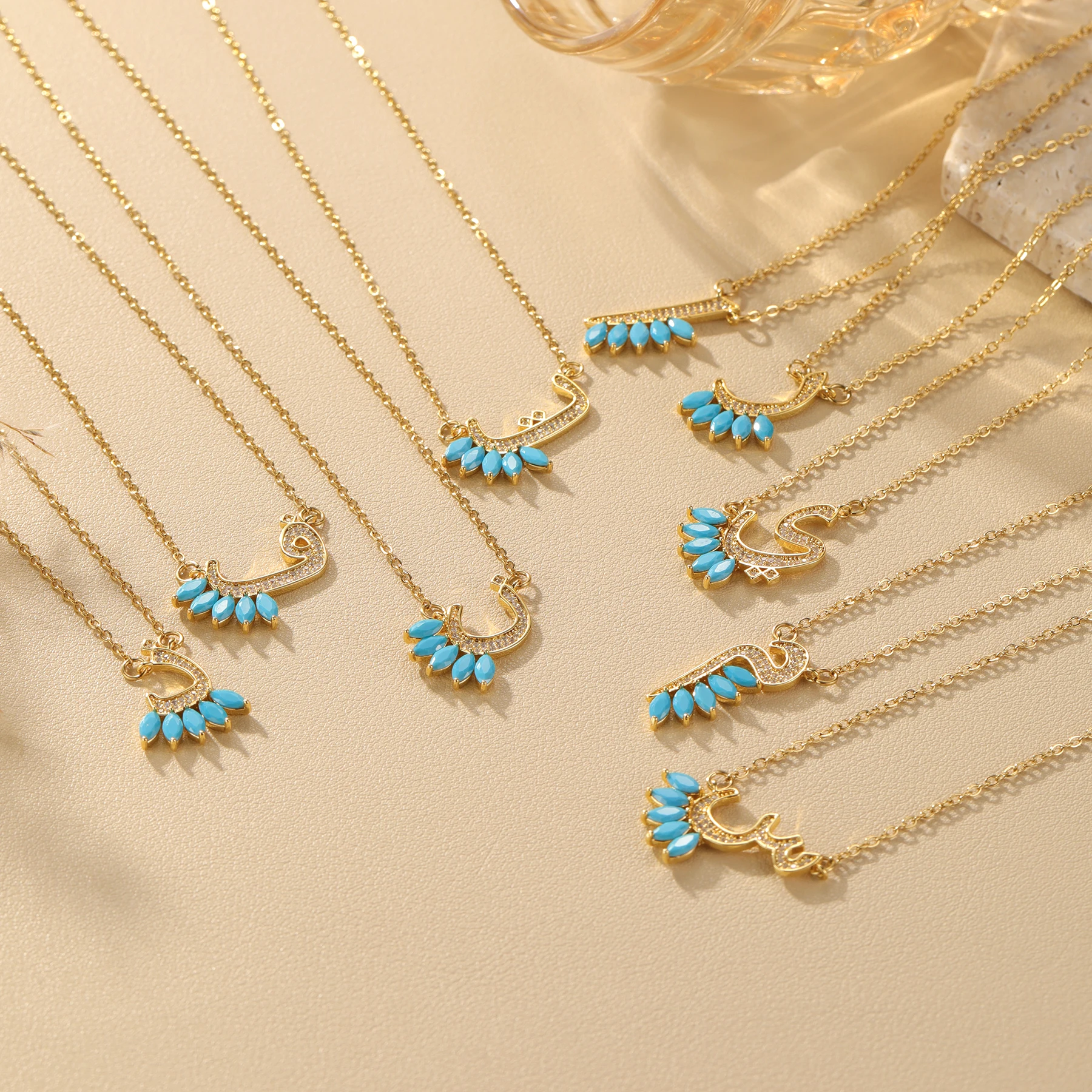 Arabic Letter Necklace Turquoise Zircon Letter Pendant Custom Arabic Jewelry 18k Gold Plated Necklace Personalized Muslim Gift