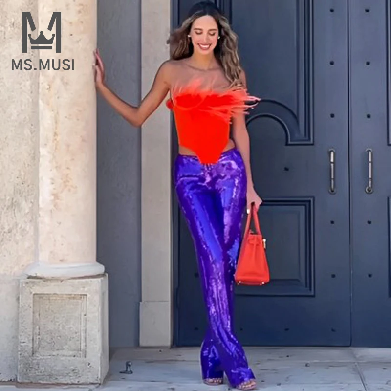 MSMUSI-Conjunto de dos piezas de vendaje para mujer, Top de plumas sin tirantes, lentejuelas, lápiz, pantalón largo, Sexy, 2024