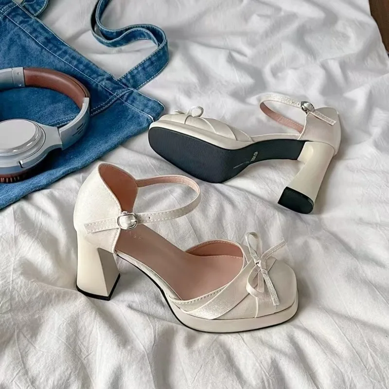 

French Bow Block Heel Mary Jane High Heels Women 2026 Spring and Summer New Single Shoes Baotou Sandals