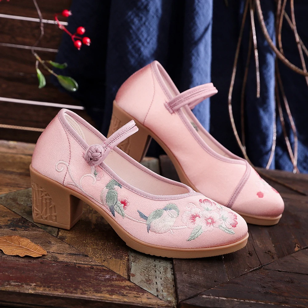 Veowalk Women Satin Embroidered 6cm Block Heel Shoes Comfortable Elegant Ladies Casual Mary Janes Chinese Style Shoes Black Pink