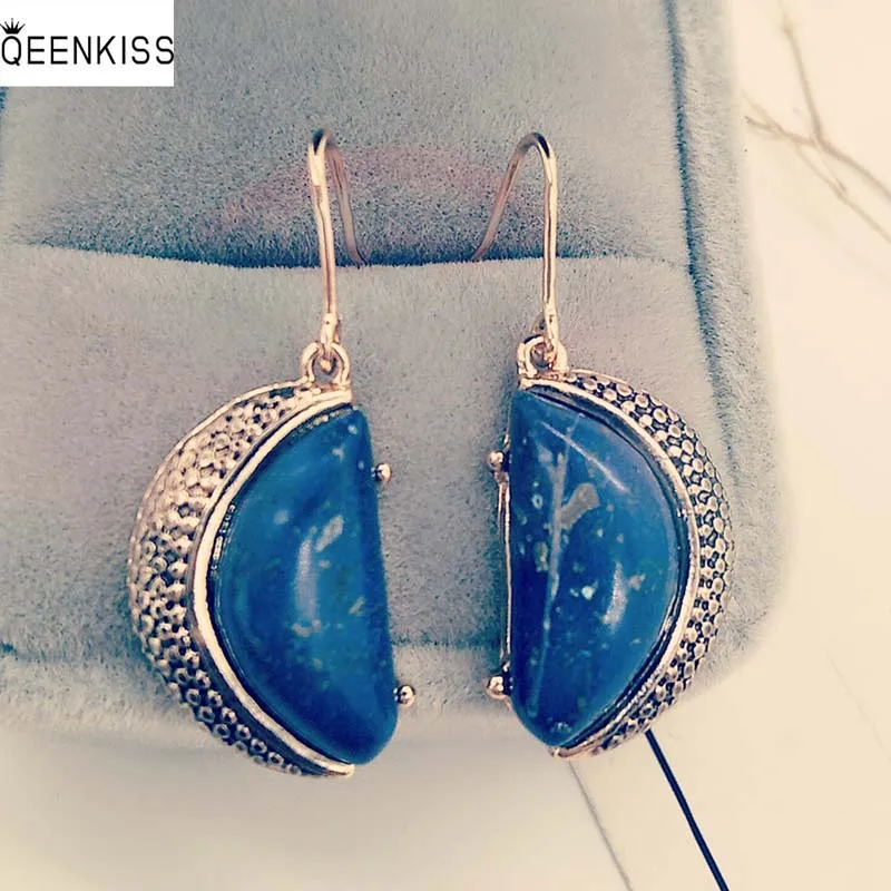 

QEENKISS EG6239 Jewelry Wholesale Fashion Woman Girl Birthday Wedding Gift Retro moon Turquoise Antique silver Drop Earrings