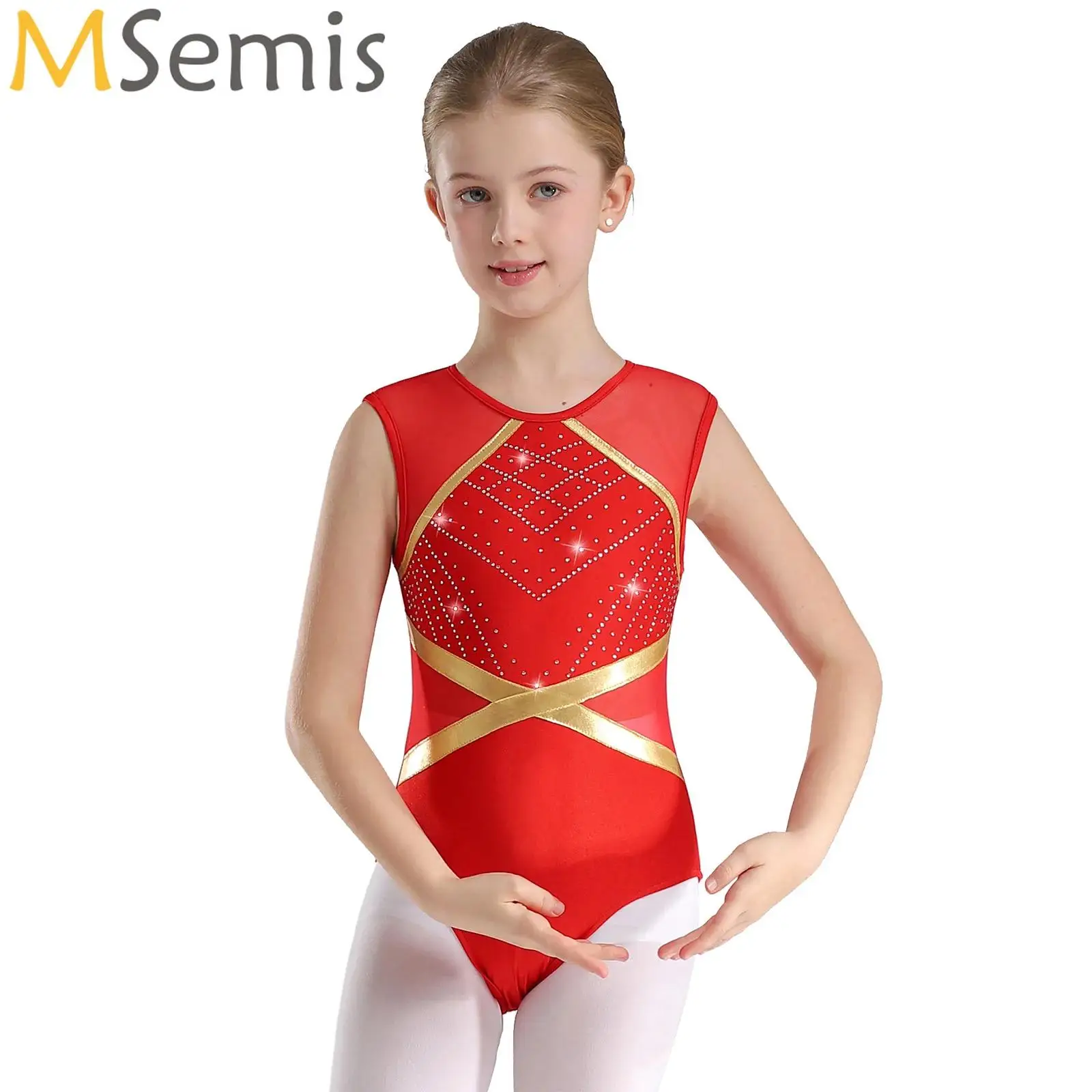 Kid Girl Ballet Dance Leotard Sports Gymnastics Workout Figure Skating Bodysuit Sleeveless Rhinestone Ballerina Training Costume