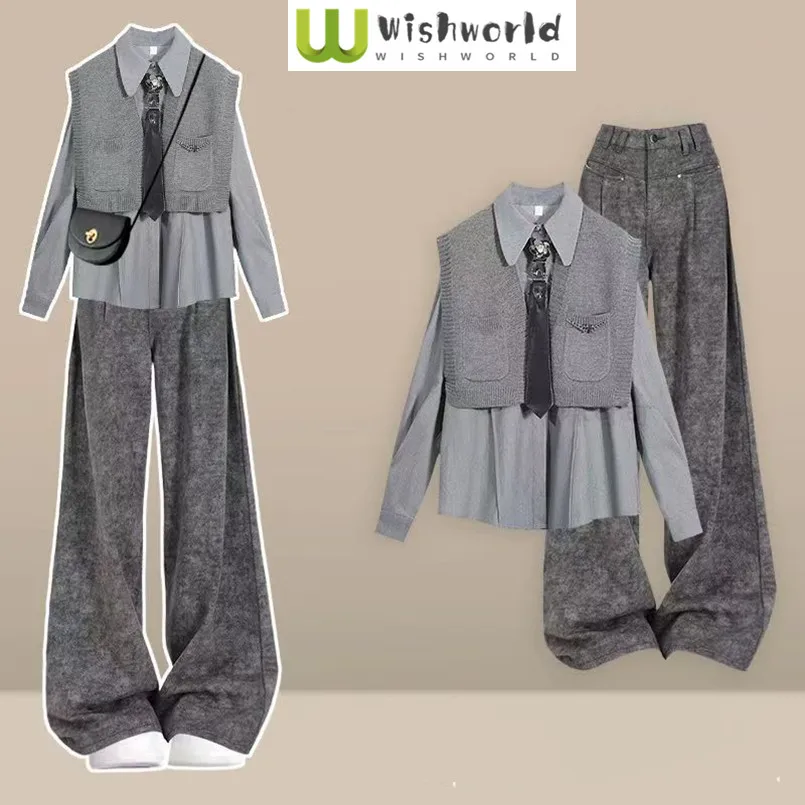 

Fashion Women's Set for Spring and Autumn Korean Gray Shirt Vest Loose and Slimming Casual Pants Two-piece Set