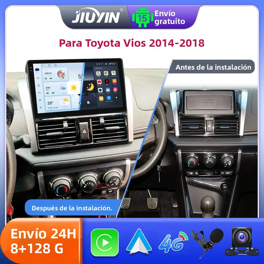 Radio para Auto JIUYIN de 10.1" con Android 15 para Toyota Yaris Vios 2014-2018, CarPlay Inalámbrico, Estéreo para Auto, Reproductor Multimedia GPS