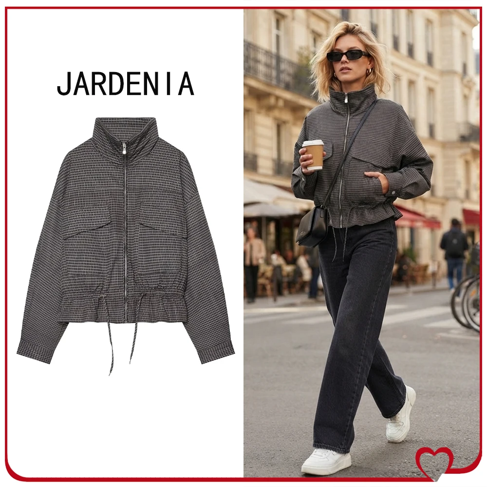 Autumn Women's Short Quilted Jacket with Flap Patch Pockets Fashion Check Stand-up Collar Zippered Jacket with Drawstrings Waist
