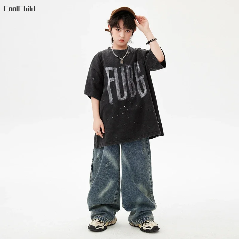 Boys Streetwear Street Dance Printed Loose T-shirt Jeans Girls Hip Hop Cool Clothes Sets Kids Jazz Denim Pants Outfits Costumes