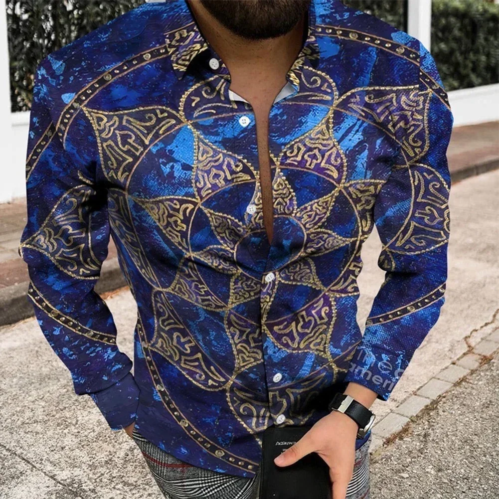 Regular Lapel 1*Shirt Band Collar Button Down Black Gold Dress Up Shirt with Baroque Print and Muscle Fit for Men