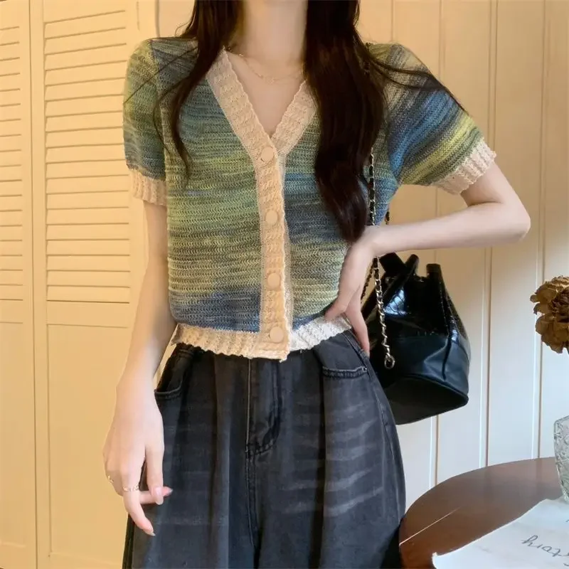 Temperament Colorful Knitted Short-sleeved T-shirt Women's Thin Summer New Simple Versatile Thin French Style Crop Top