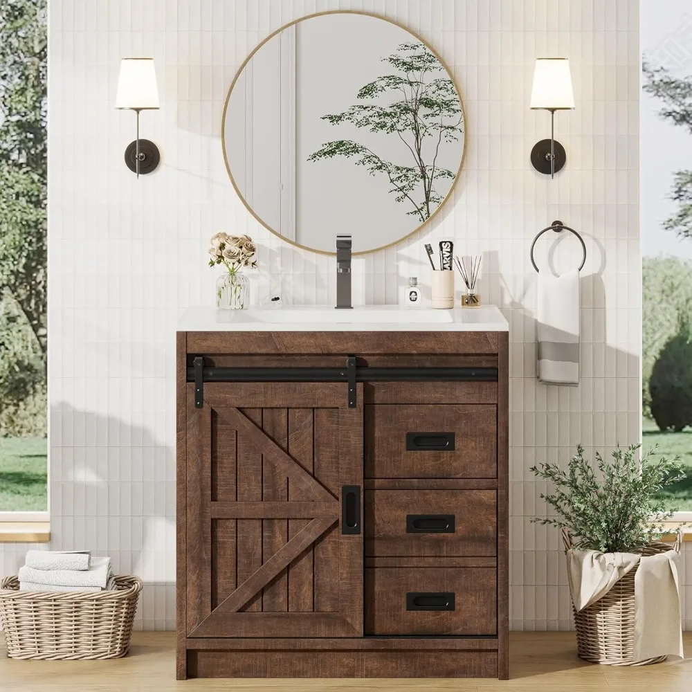 Farmhouse Bathroom Vanity with Sink Combo,Sliding Barn Door Bathroom Vanity Cabinet Set with Storage Drawers, Metal Handles