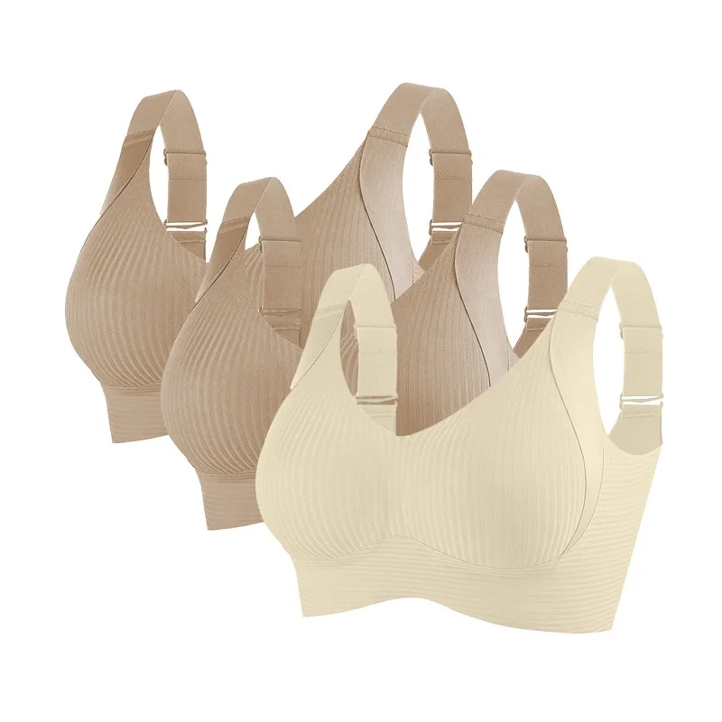 3-teiliges Set Damen Push-Up BH Ohne Bügel Nahtloser BH V-Ausschnitt Gerippter Bralette Übergröße Sexy Dessous M-4XL Intimwäsche