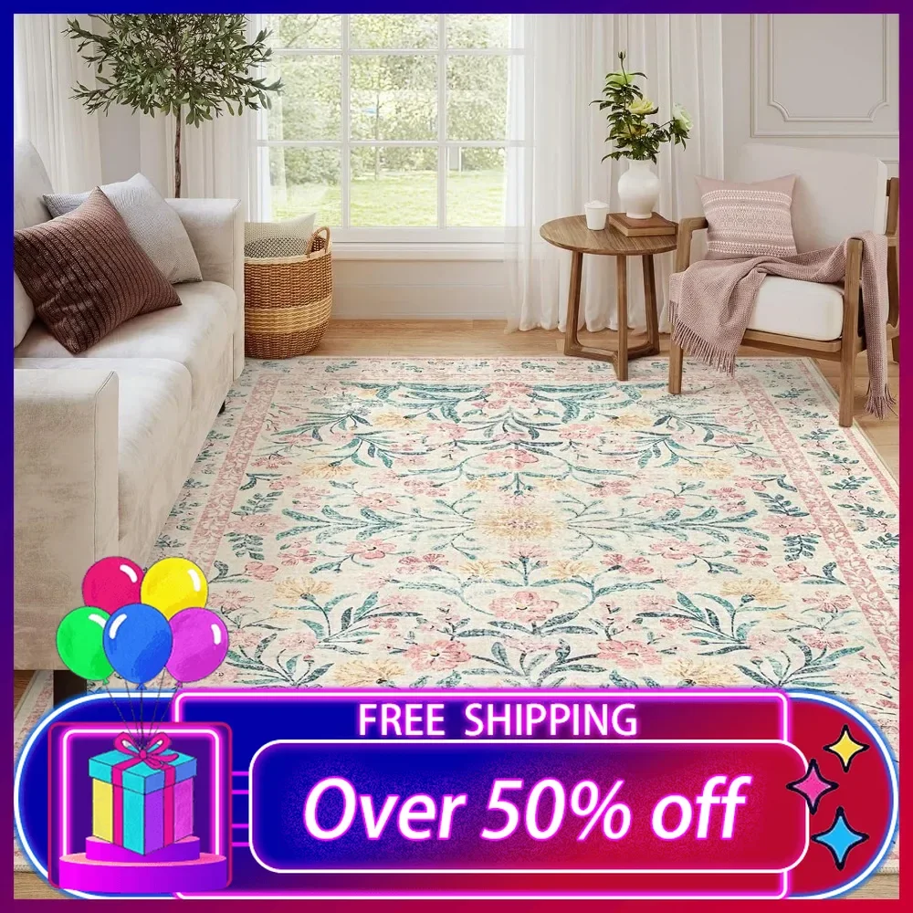 

8 x 10 Area Rugs for Living Room, Boho Large Washable Bedroom Rug 8x10, Soft Pink Floral Rug Non Slip, Low Pile Indoor Carpet