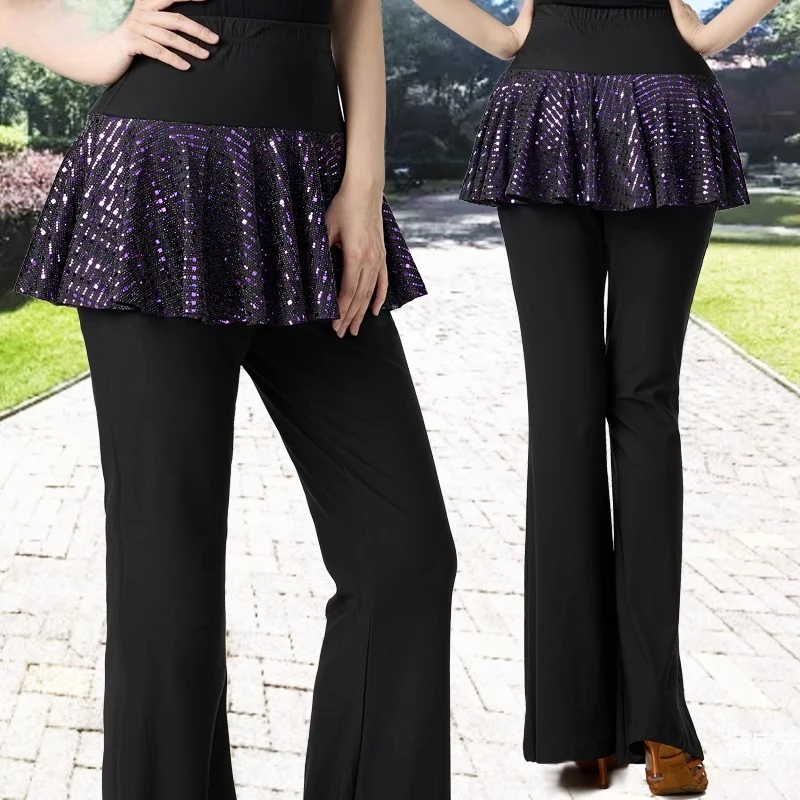 A nova moda trajes de dança quadrada lantejoulas saia calças feminino adulto dança latina prática roupas dança moderna calças alargamento