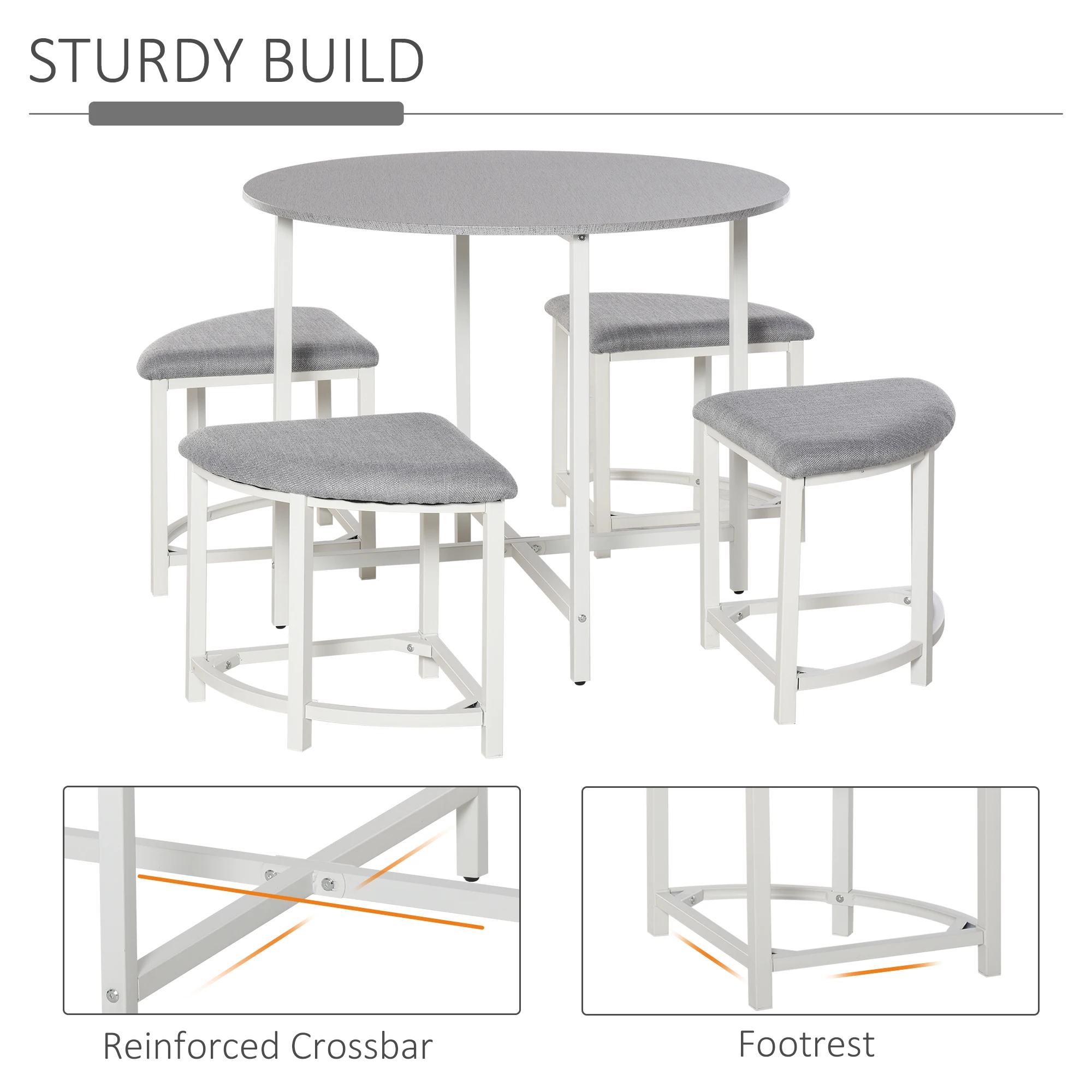 HOMCOM Modern Round Dining Table Set with 4 Upholstered Stools for Dining Room