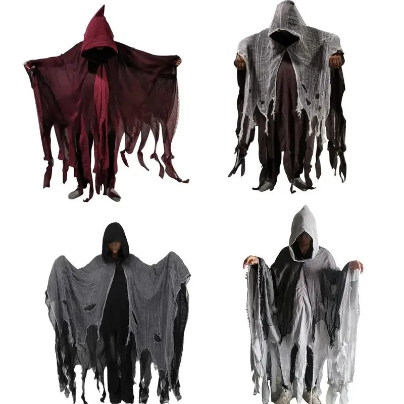 Halloween Ghost Cloak Adults Hooded Witch Cape For Women Masquerade Breathable Spooky Haunted House Costume Dress Up Helper