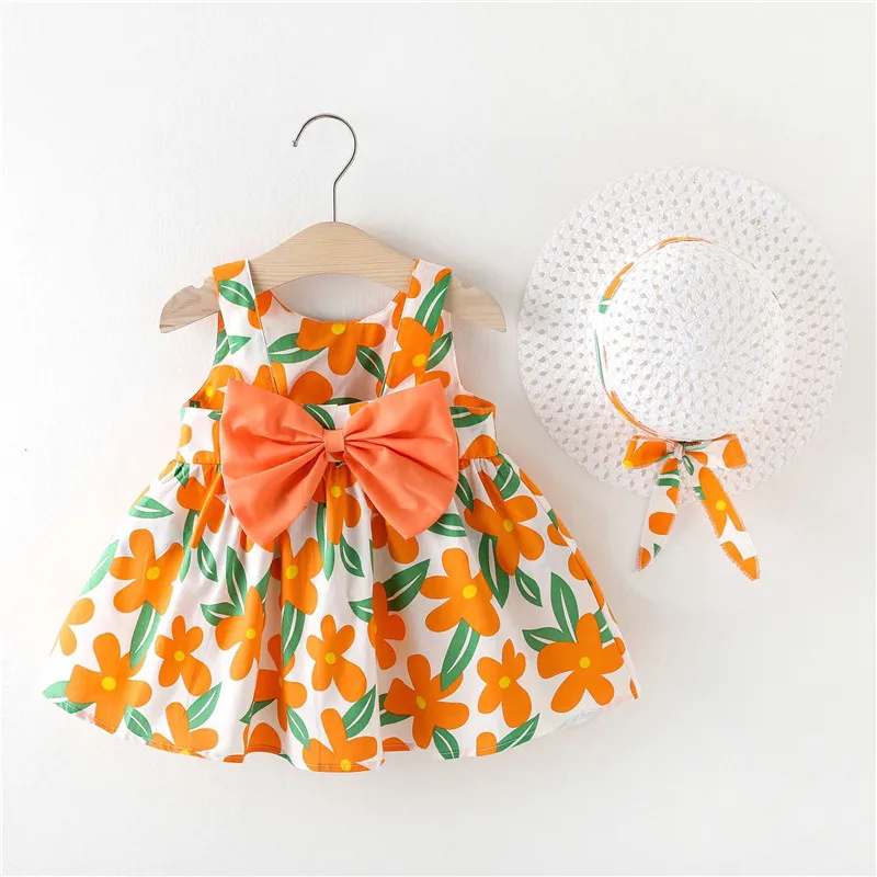 

Baby Summer New Baby Girl Tank Top Dress Princess Dress 1-4 Year Old Chest Big Bow Flower Dress with Hat