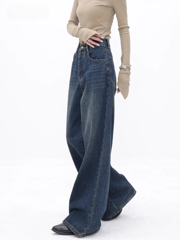 

Свободные джинсы, летние модные однотонные брюки, женские широкие брюки в стиле ретро, мешковатые повседневные джинсовые брюки в стиле Харадзюку, эстетичная высокая талия