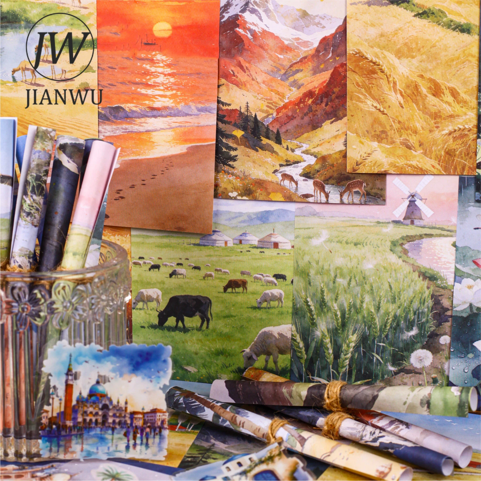 JIANWU Mountain Wilderness Companion Series Vintage Travel Castle Landscape Collage Material Creative Journal Stationery