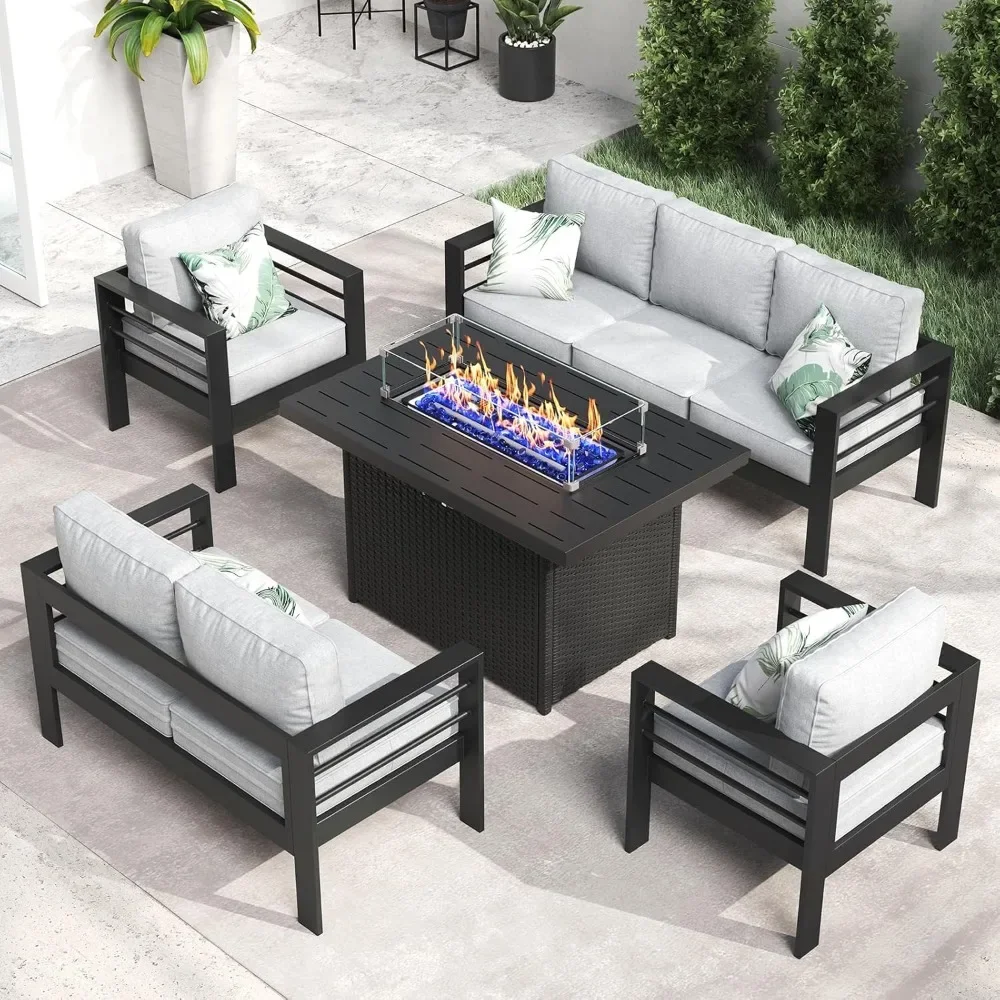 

Aluminum Furniture Set with Fire Pit Table, 5 Pieces Patio Sectional Conversation Chat Sofa Modern Seating Set