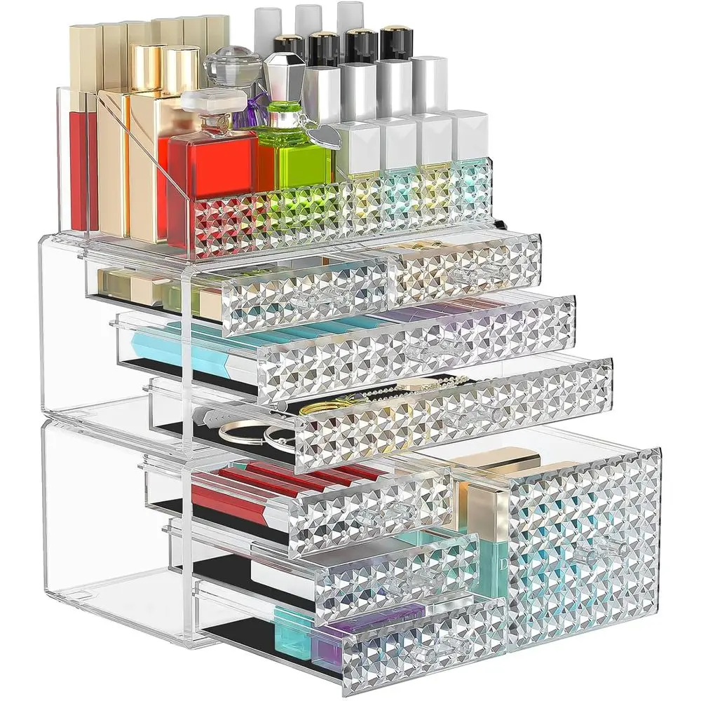 

3 Pack Makeup Organizer Stackable[Upgraded], Acrylic Cosmetics Storage Cases with 8 Drawers Perfume Organizers For Brush Holder