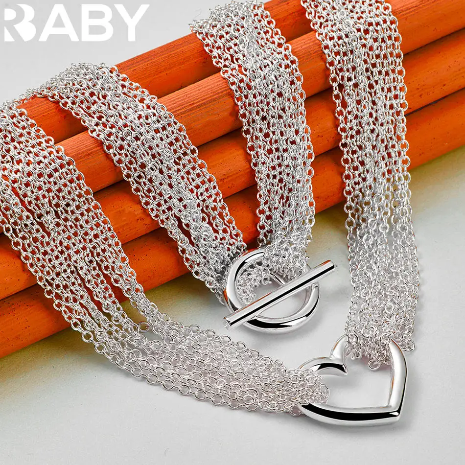 

URBABY 925 Sterling Silver Heart Multi Chain Necklace For Women Fashion Jewelry Romantic Charm Party Birthday Gift Engagement