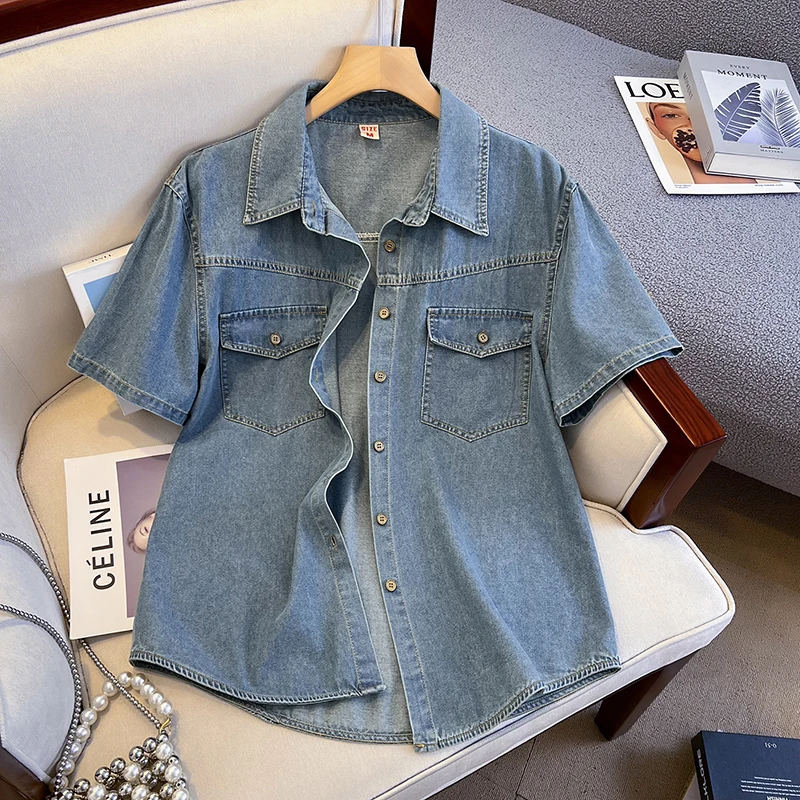 

Джинсовая рубашка свободного кроя с коротким рукавом, женская, летняя, повседневная, винтажная, в гонконгском стиле, с воротником, на одной пуговице