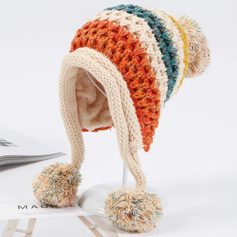 New Winter Knitted Hats Women Patchwork Pompon Balls Earflap Caps Ladies Warm Thick Winter Beanies Female Beanie Hat