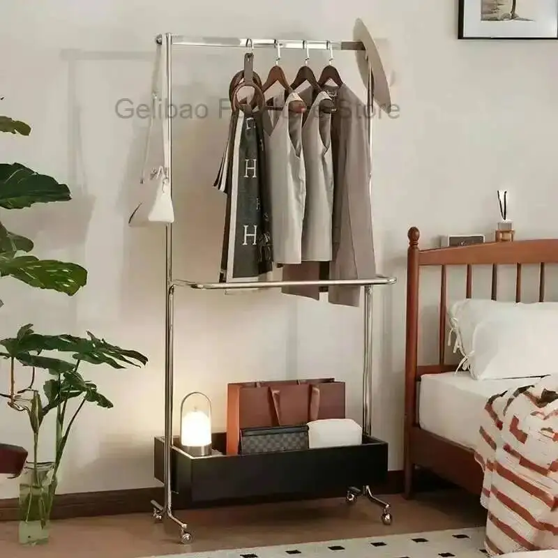 

Bedroom Double-layer Coat Rack, Solid Mobile Wood Storage, Secondary Cleaning, Laundry Basket, Floor-to-ceiling Drying Hanger