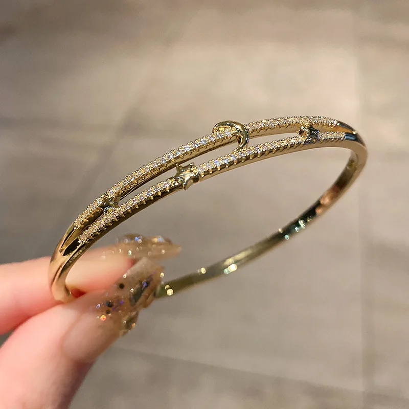 الفاخرة طبقة مزدوجة مايكرو تمهيد مكعب الزركون القمر ستار الإسورة للنساء الذهب والفضة مطلي مجوهرات الأزياء الإكسسوارات هدايا 1712 #3