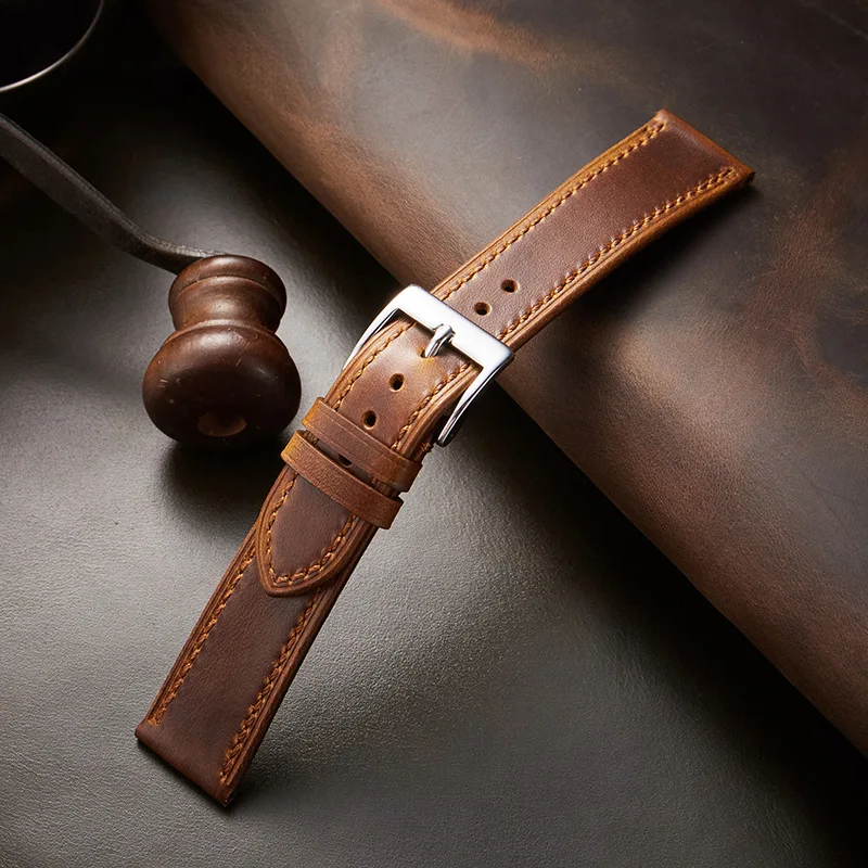 Vintage Style Oil Wax Leather Watchband 18mm 19mm 20mm 21mm 22mm Handmade Watch Strap Wristband Accessories for Men