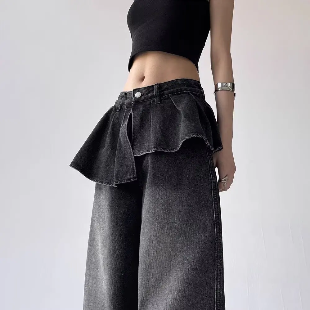 

Women Jeans Korean Vintage High Waist Pleated Skirt Cover Wide Leg Trousers Y2K Baggy Denim Pants for Women High Street Fashion