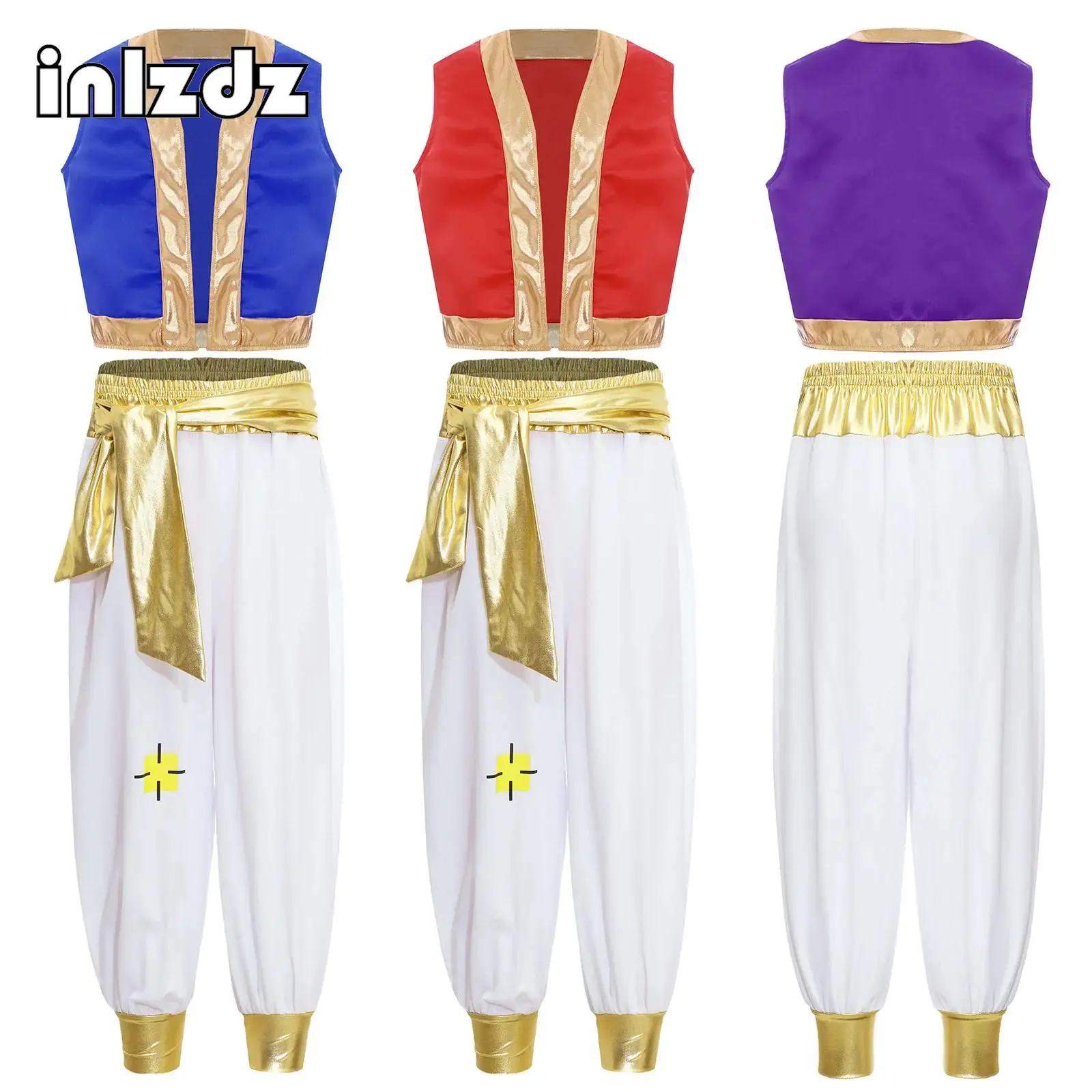 

Boys Aladin Costume Arabian Prince Cosplay Dress Up Vest Waistcoat Harem Pants Suit for Halloween Carnival Stage Performance