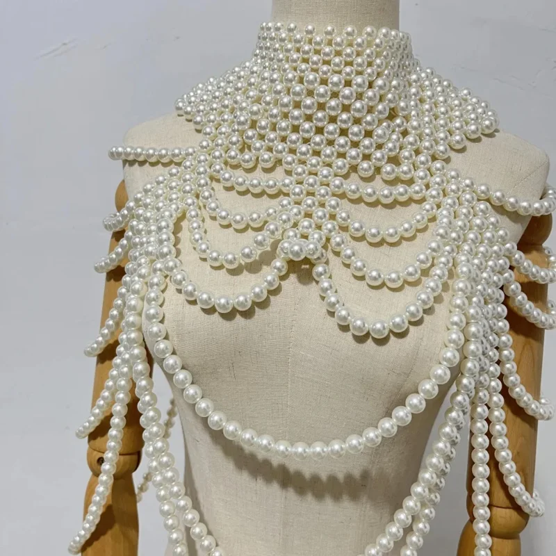 Pearl Beading Tops Sexy Women Pearl Tassel Shoulder Chain Dress Jewelry Festival Outfits Elegant Beaded Vest Tops