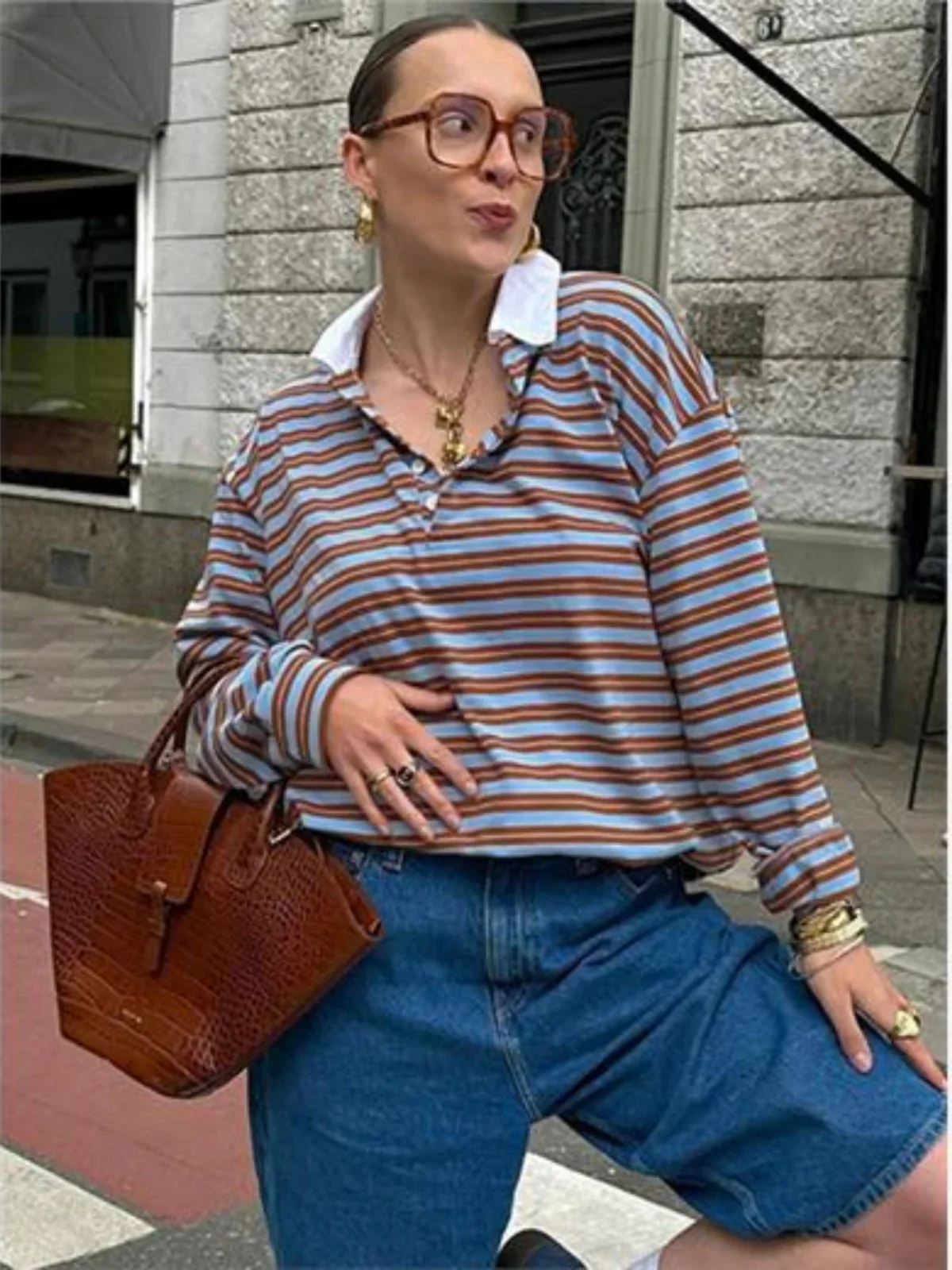 

Свободная длинная полосатая футболка Све, винтажный повседневный женский осенний топ Faion, удобный полиэфирное волокно