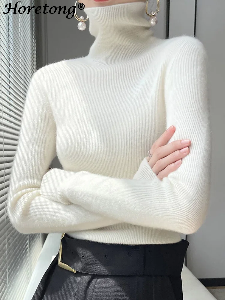 Horetong 2022 Autumn Winter Wool Sweater Women Turtleneck Solid Elastic Slim Knitted Pullover New All-match Elegant Comfort Tops