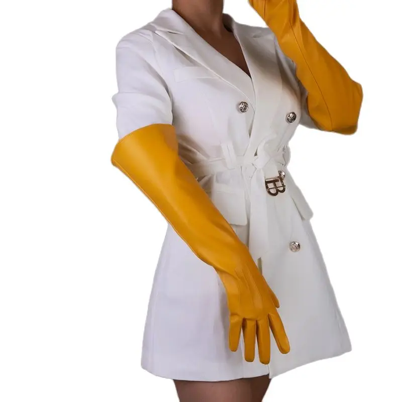 50cm Leather Gloves for Women with Wide Cuffs Faux Sheepskin PU Black Performance Photography Cosplay Big Sleeve HPU34