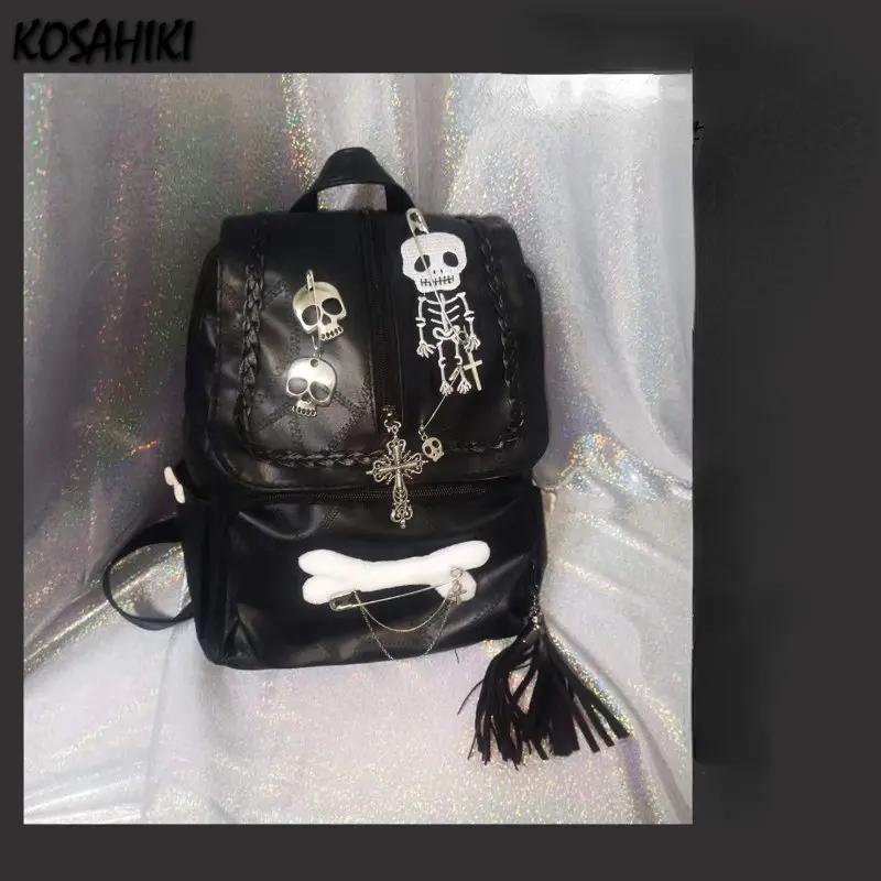 Koreański modny Y2k estetyczny słodki fajny plecaki dla dziewczyn Vintage krzyż czaszka Punk torby damski łańcuszek Tassel Casual Gothic plecak