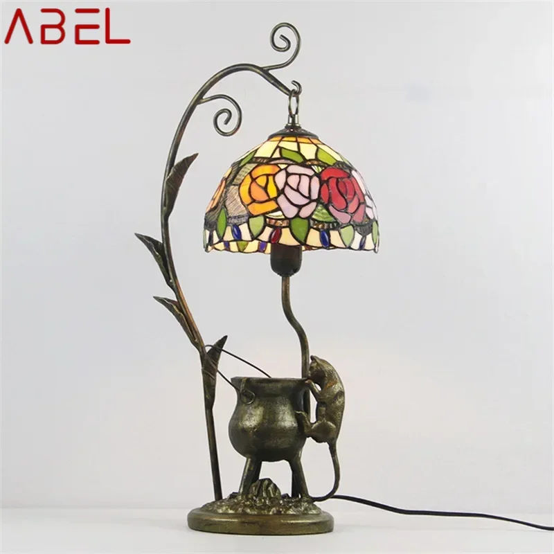 ABEL Tiffany Glass Table Light LED Creative Resin Bedside Desk Lamp Flower Shape Lampshade For Home Living Room Bedroom