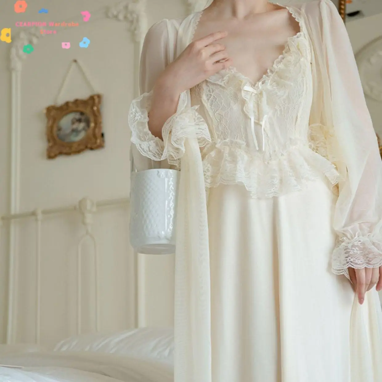 Sweet Princess Satin Sleepwear Women Sexy Lace Patchwork Robe Set Court Style Homedress Bridal Wedding Dressing Gown Nightwear