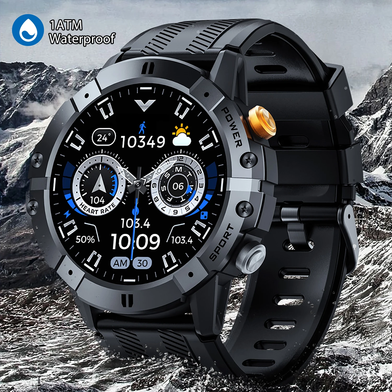 Outdoor Sports Smart Watch Men 1ATM Waterproof Bluetooth Call Health Monitor Fitness Tracker Voice Assistant Military Smartwatch