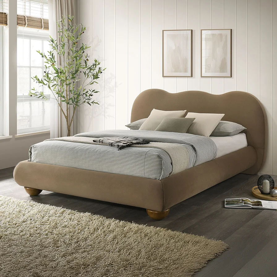 

！@Brown Color 1pc Queen Size Bed Boucle Upholstered Round Bun Wood Feet Bedroom Furniture