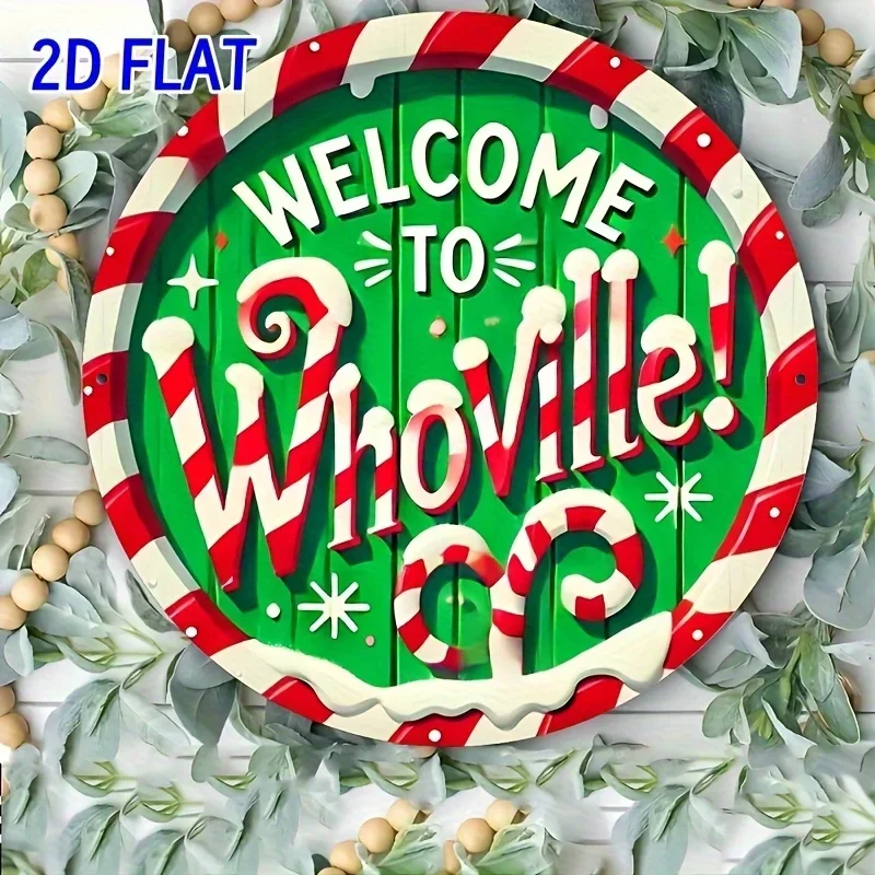 Retro plano 2D "¡Bienvenido a Whoville!" Decoración de pared de aluminio Decoración festiva de madera reciclada de estilo rústico con bastón de caramelo y Holl