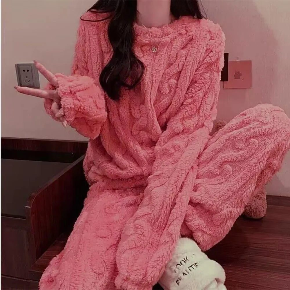 New Fashion Thermal Fleece Casual Sleepwear For Women Fall Winter Loose Long Sleeved Solid Pullover Girls Home Night-clothes Set