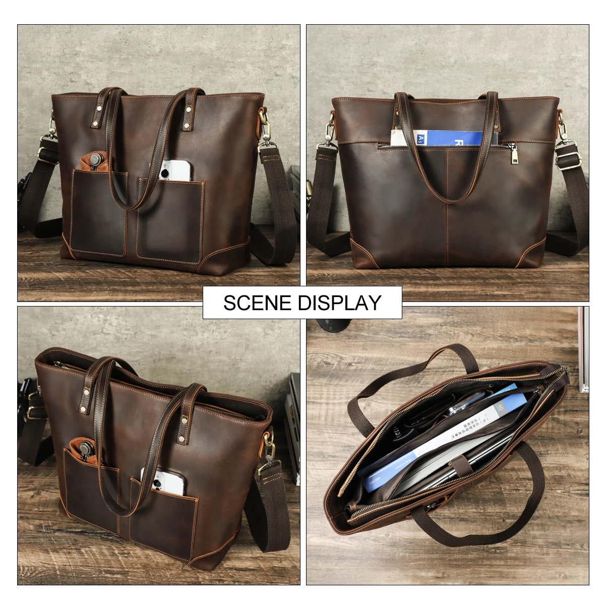 Retro Crazy Horse Leather Men Women Handbags Laptop Bag Shoulder Tote Bag Portable Travel Messenger Bags